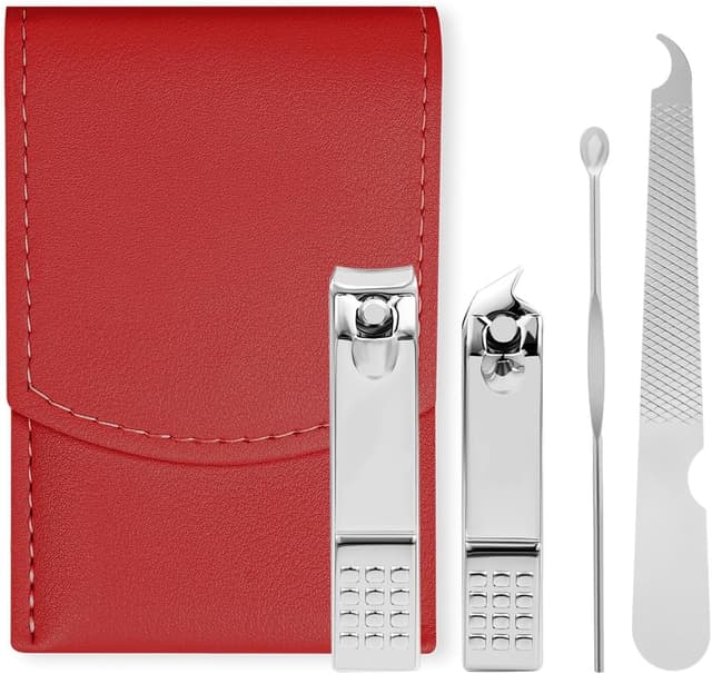 Detalle de LOPHE Kit manucure/pédicure pour coupe-ongles et cuticules (4 pièces) avec étui de voyage en cuir rouge