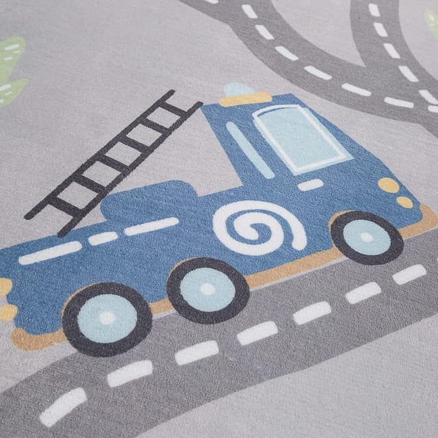 Detalle de Paco Home Rund-Kinderteppich Ø 150 cm für Spielmatte, rutschfest – Grau mit Stern-Mond-Elefanten