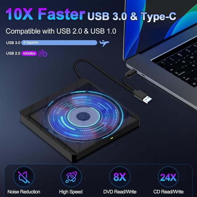 Detalle de 8-in-1 External CD/DVD Drive for Laptop (USB 3.0 Type-C) with SD/TF Slots & 4 USB Ports