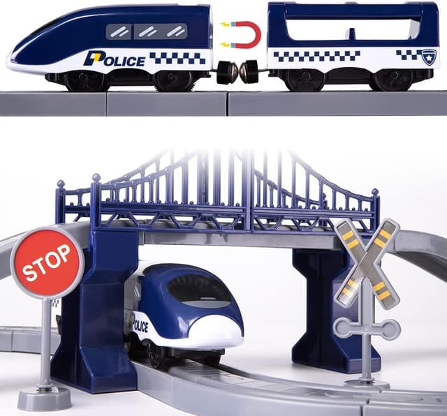 Detalle 2 de XIAPIA Deluxe Electric Train Set (66 pcs) with Magnetic Couplings, Tunnel/Bridge Track & Police Theme