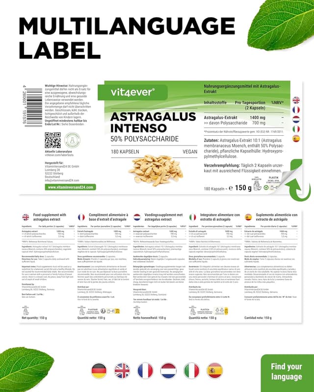Detalle de vit4ever Astragalus 1400 mg reinem Extrakt pro Tag – 180 Kapseln (vegan)