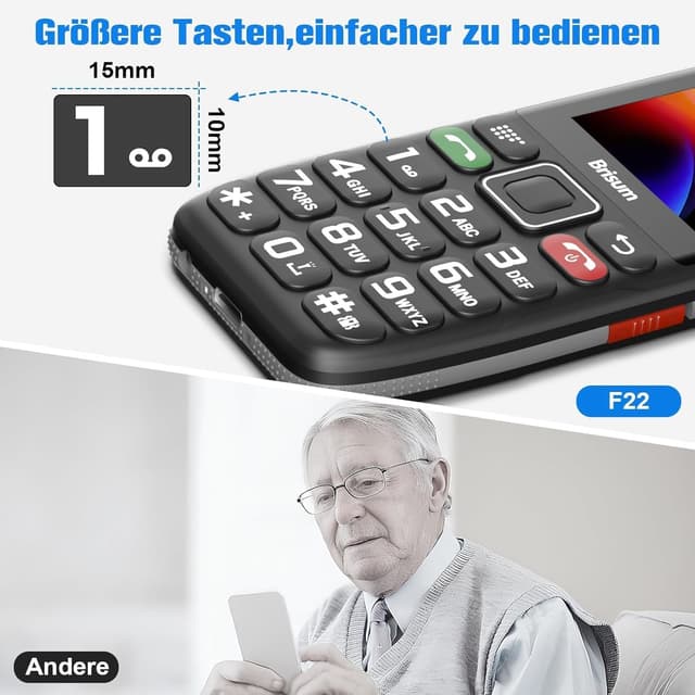 Detalle de Brisum Version F22 Seniorenhandy mit SOS-Notruftaste, 2,4-Zoll-Farbdisplay & Ladestation (ohne Vertrag)