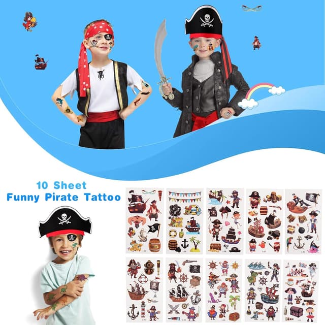 Detalle de Piraten Kindergeburtstag-Set mit Piratenhut, Augenklappe und Piraten-Tattoos (Filz) – 8-teilig