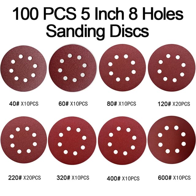 Detalle de NOOKEYA 100pcs 5-inch 8-hole Hook & Loop Sanding Discs (40–600 grit) for Random Orbital Sanders
