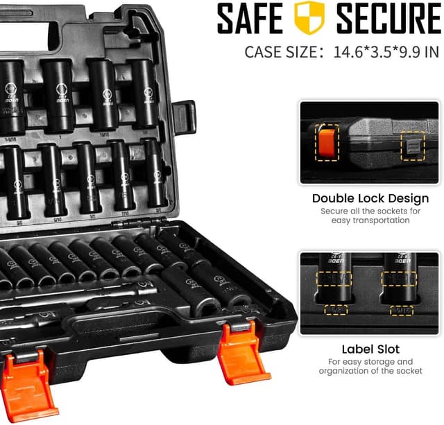 Detalle de BOEN 35-Piece 1/2" Drive Deep Impact Socket Set (SAE 3/8"–1-1/4" & Metric 8–24mm)