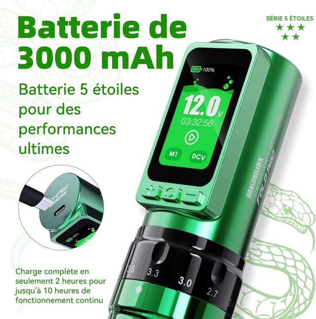Detalle de Dragonhawk Fold Pro « Year of Snake » Mcore-C3 — kit machine à tatouer sans fil 3000 mAh avec 2 piles