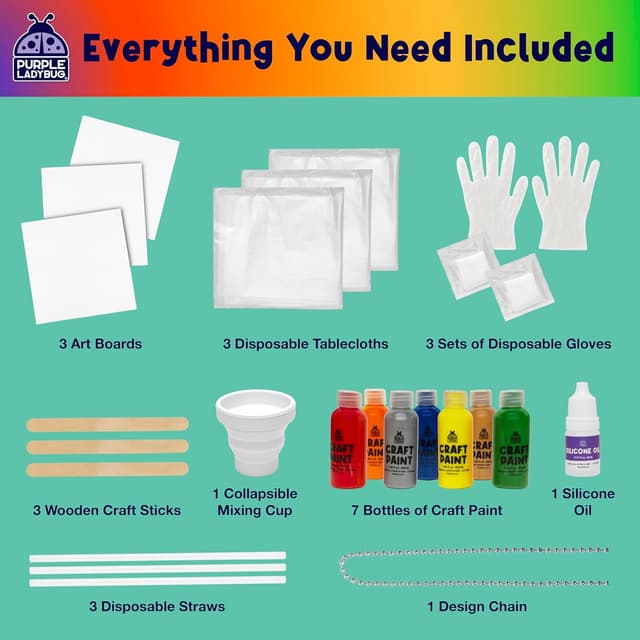 Detalle 2 de PURPLE LADYBUG Paint Pouring Art Kit (Jungle Galaxy) for Ages 6–12 – BPA Free craft set with canvas boards, paints & tools