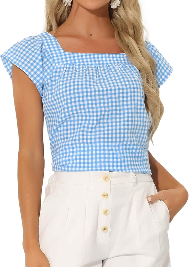 Detalle 2 de Allegra K Damen kariertes ärmelloses Hemd mit quadratischem Ausschnitt