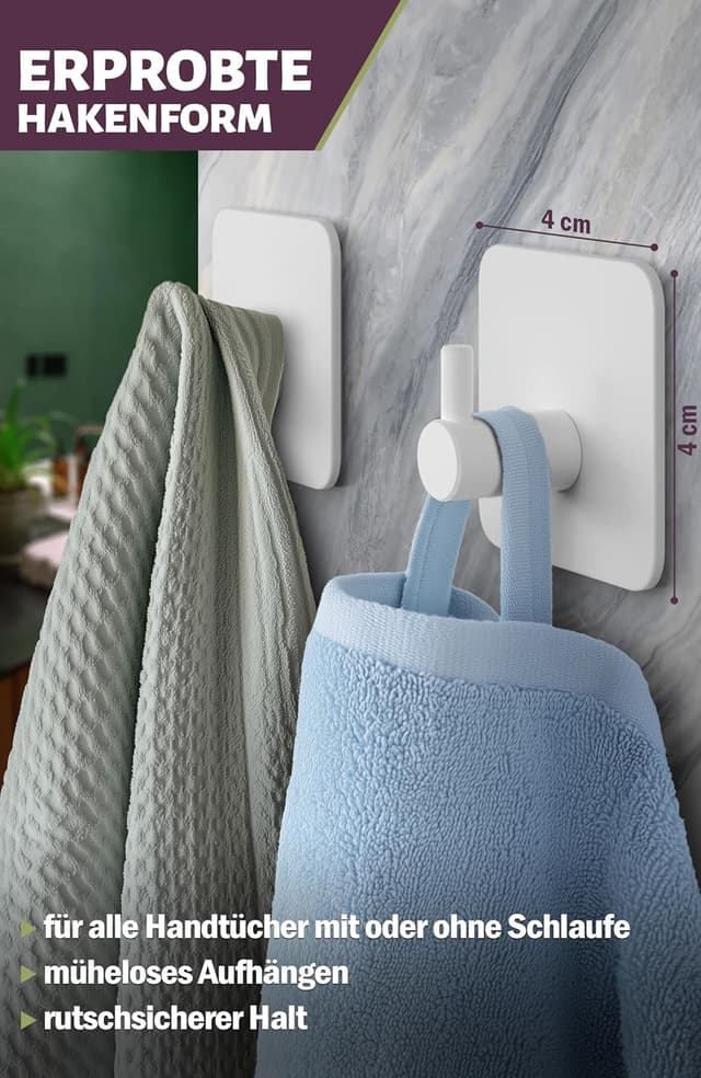 Detalle de Menz Handtuchhaken ohne Bohren – 6er Set weiße Edelstahl-Klebehaken mit 3M-Klebepads