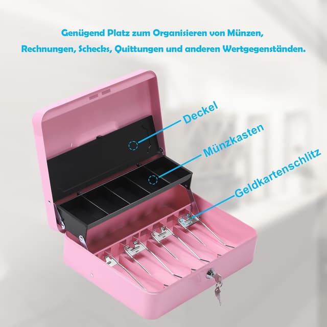Detalle de HAITRAL abschließbare Geldkassette aus Metall (rosa) mit Münzfach und 2 Schlüsseln