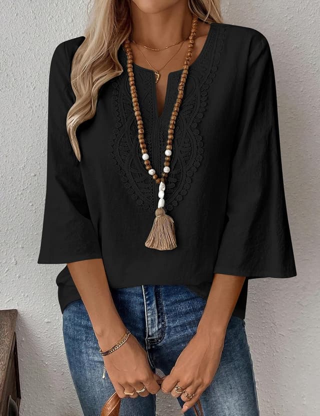 Detalle 2 de Rapbin Damen-Bluse 3/4 Arm mit V-Ausschnitt aus Baumwoll-Leinen-Mix und Spitze