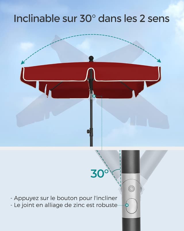 Detalle de Parasol rectangulaire SONGMICS 200 x 125 cm, UPF 50+ inclinable et hauteur réglable (sans base) avec sac de transport