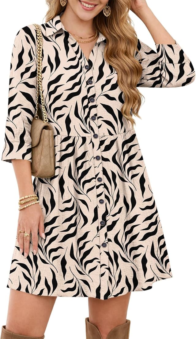 Detalle de WNEEDU robe chemise femme d’été à manches 3/4, taille empire et poches (courte devant/plus longue derrière)