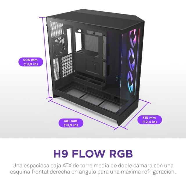 Detalle 2 de NZXT H9 Flow RGB con ventana de vidrio templado (ATX/EATX) y caja negra con iluminación