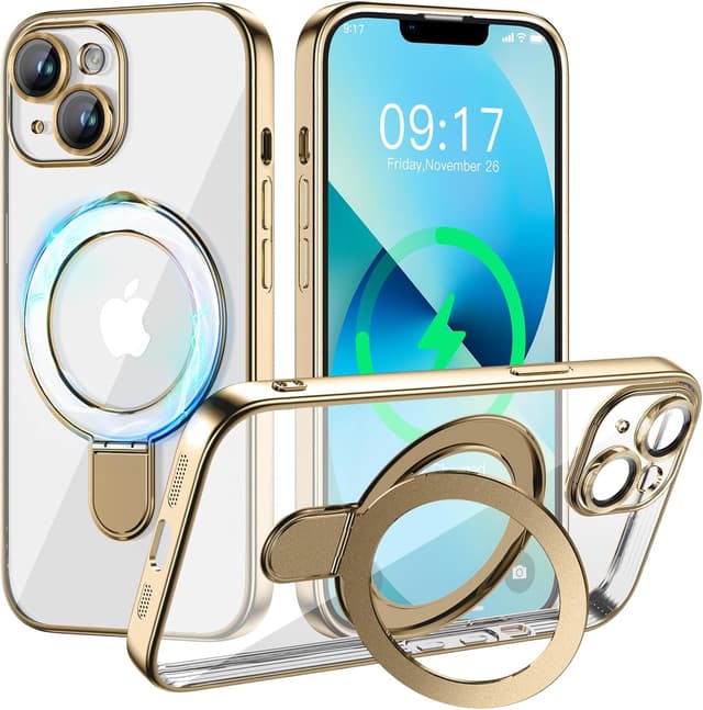 Detalle de Pmteyoim Magnetic iPhone 13 Case with Invisible Stand, Full Camera Lens Protector & Military Drop Protection (Clear Slim Gold)