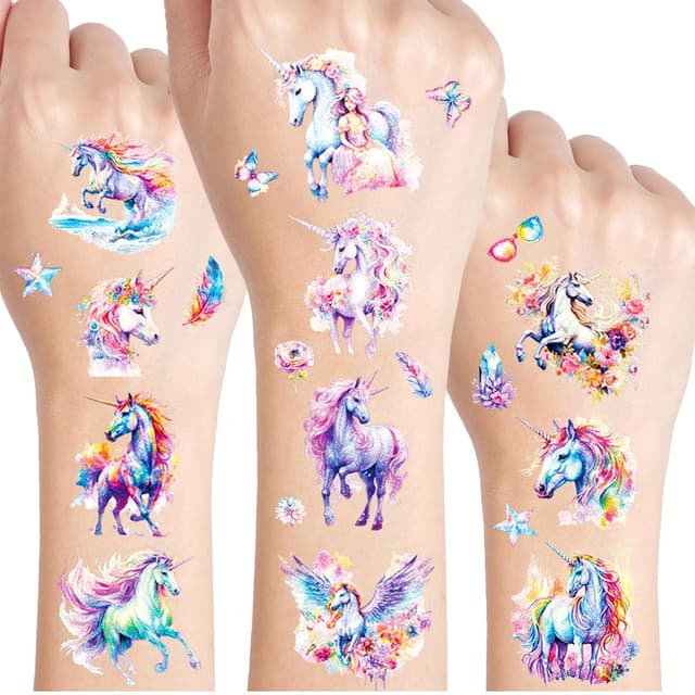 Detalle de Einhorn Glitzer Tattoo Set Kinder – 12 Blätter Einhorn-Glitzertattoos als Partygeschenk