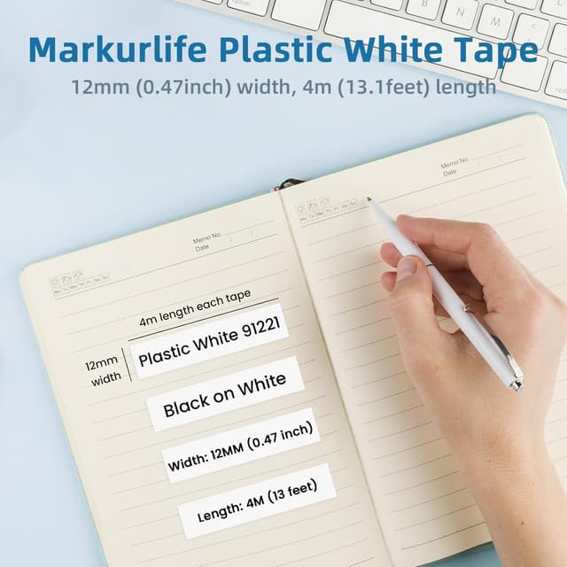 Detalle 2 de A91221 White Plastic Etikettenband 12 mm x 4 m (kompatibel mit Dymo LetraTag & weiteren Geräten) – wasserfest & UV-beständig