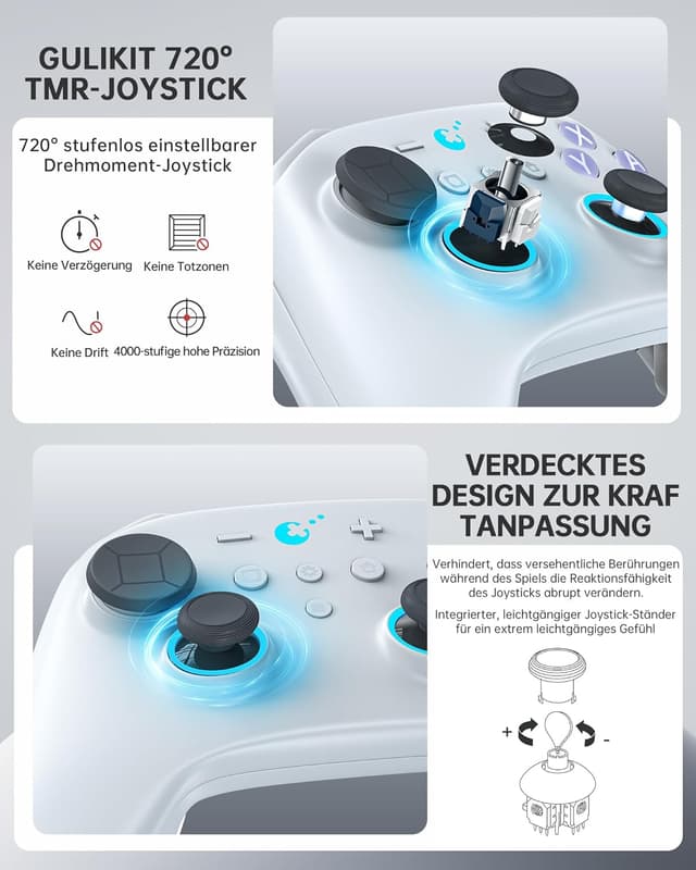 Detalle de GuliKit TT Max Wireless Controller für PC, Android, iOS und Switch 1/2 – mit TMR-Joysticks und abnehmbaren Metall-Rückentasten (TT MAX, Grau)