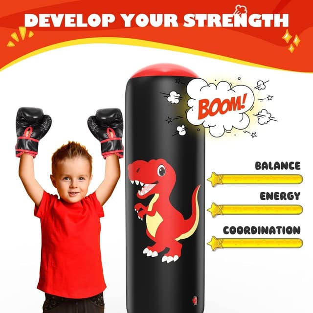 Detalle 2 de QPAU Inflatable Kids Punching Bag (66 Inch) with Dinosaur Boxing Gloves, for Ages 3–8