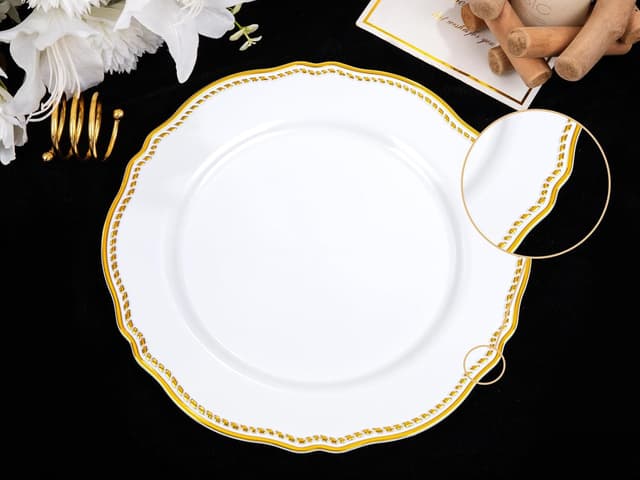 Detalle de Hioasis 60 Pack White & Gold Disposable Dinner Plates with Gold Rim (10.5 in), Heavy-Duty Plastic