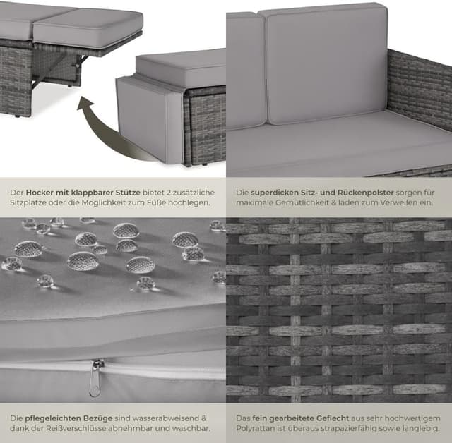 Detalle de tectake Sofa Set: 2-Sitzer Couch mit Hocker, Schlaffunktion und wetterfestem Polyrattan für Outdoor