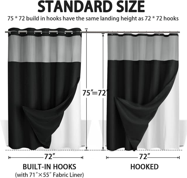 Detalle de XOGUIBO No Hook Shower Curtain and Liner Set (Black Waffle, 75" x 72")