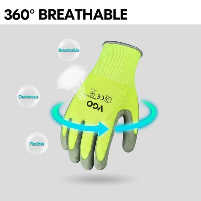 Detalle 2 de Vgo PU2103 15 Pairs PU-coated safety work gloves (latex free), Size XL, fluorescent yellow
