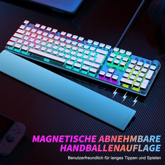 Detalle de TECURS Gaming Mechanische Tastatur mit magnetischer Handgelenkauflage, rote Schalter (QWERTZ, DE-Layout) und 19 LED-Modi