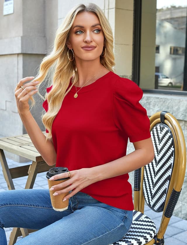 Detalle 2 de SAMPEEL Short Puff Sleeve Knit Sweater for Women (Crewneck, Striped Look) — Work & Spring/Summer Casual