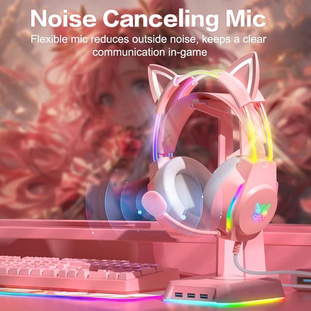 Detalle de ONITOON Gaming Headset with Cat Ears (Pink) – RGB backlight, removable cat ears and virtual 7.1