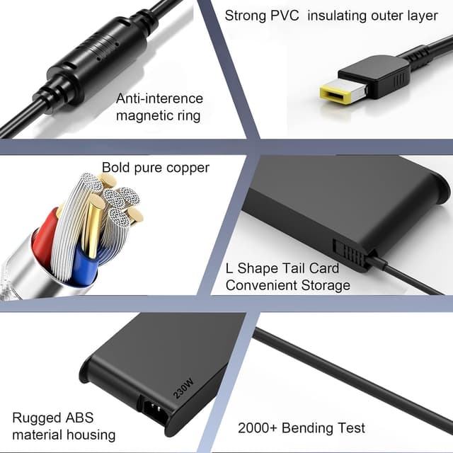 Detalle de MAXPOR Slim 230W Gaming Laptop Charger for Lenovo Legion & ThinkPad (Square Yellow Tip)