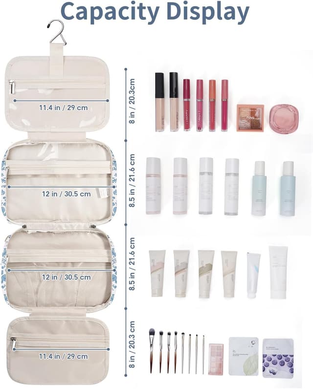 Detalle de Narwey Large Hanging Travel Toiletry Bag for Women (Little Blue Flower) – Organiser wash bag with hook