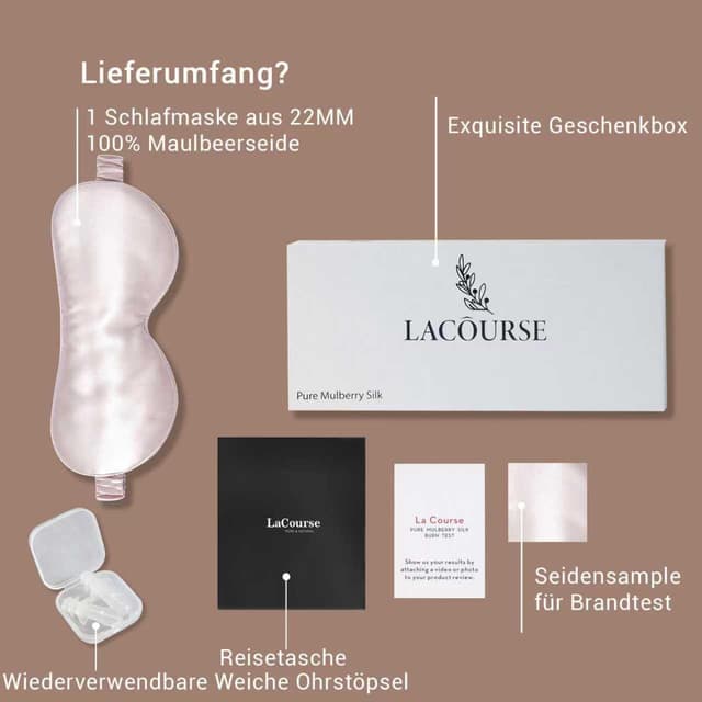Detalle de LaCourse 22 Momme Schlafmaske aus 100% Maulbeerseide (rosa) – komplett verdunkelnd & weich