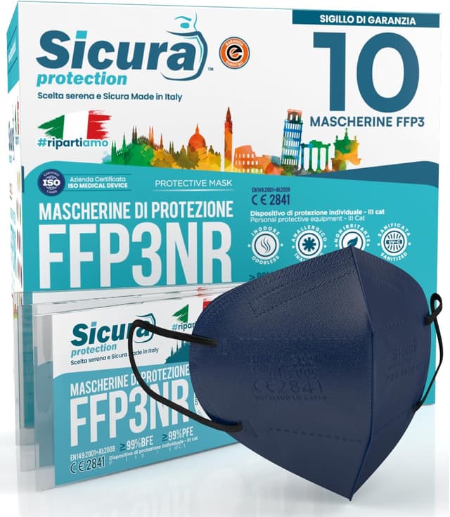 Detalle de 10 Mascherine FFP3 Made in Italy con certificazione CE (EN 149) blu, elastici auricolari