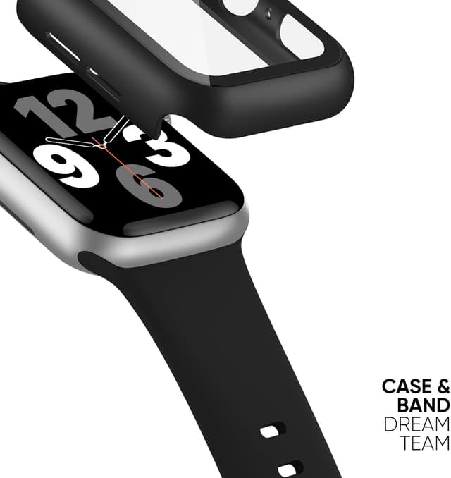 Detalle 2 de Joehwerr 3-in-1 silicone sports strap + protective case with 9H tempered glass for Apple Watch (Series 11/10, 42mm) – Black