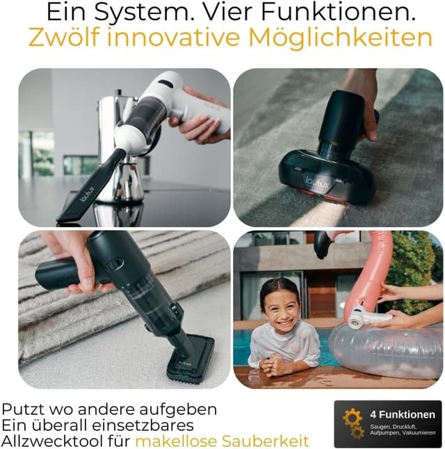 Detalle de lautux Turbotastic Pro 2 Handstaubsauger (120 W, 18.000 Pa, HEPA-Filter) – Starter Set im Nachtschwarz