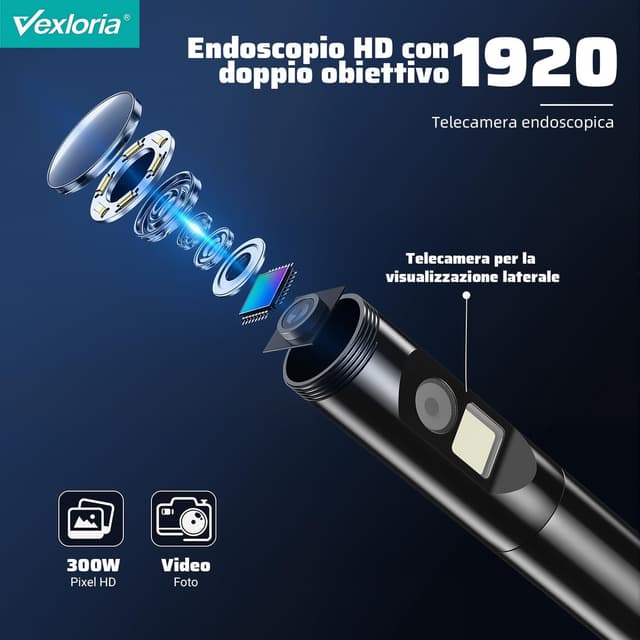 Detalle 2 de Vexloria Endoscopio per Smartphone con doppia lente 1920P HD, IP68 e 8 LED