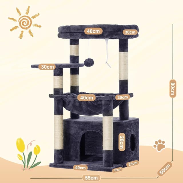 Thumbnail 6 de Heybly Kratzbaum HCT008SG mit extra großem Katzenkorb, weichem Ruhebereich und 7 Sisal-Kratzsäulen (rauchgrau)