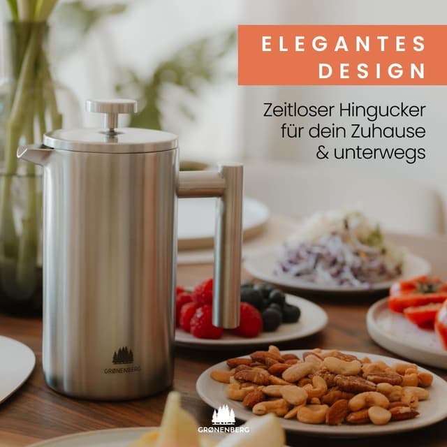 Detalle de Groenenberg French Press Thermo mit Warmhalte-Funktion – Edelstahl-Kaffeebereiter in 3 Größen
