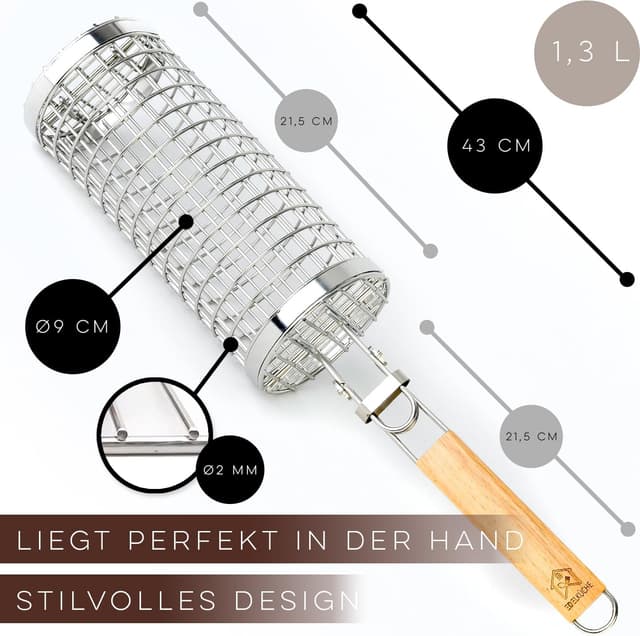 Detalle de EdelKüche Premium Grillkorb aus Edelstahl (XXL, rund, zylindrisch) – abnehmbarer Griff