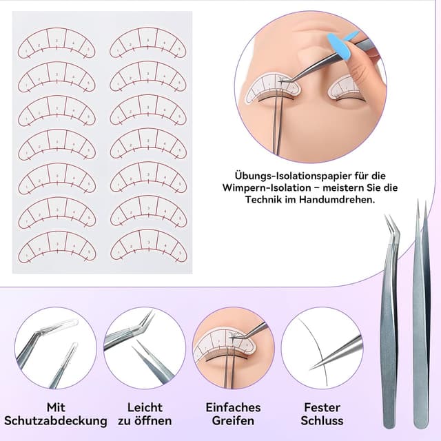 Detalle de TwoWin Wimpernverlängerungs Set mit Übungskopf (Starterset) – inkl. selbstklebender Wimpern und Pinzetten