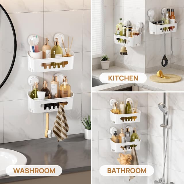 Detalle de LEVERLOC Suction Shower Caddy with 2 Baskets and No-Drill Storage Shelf (White)