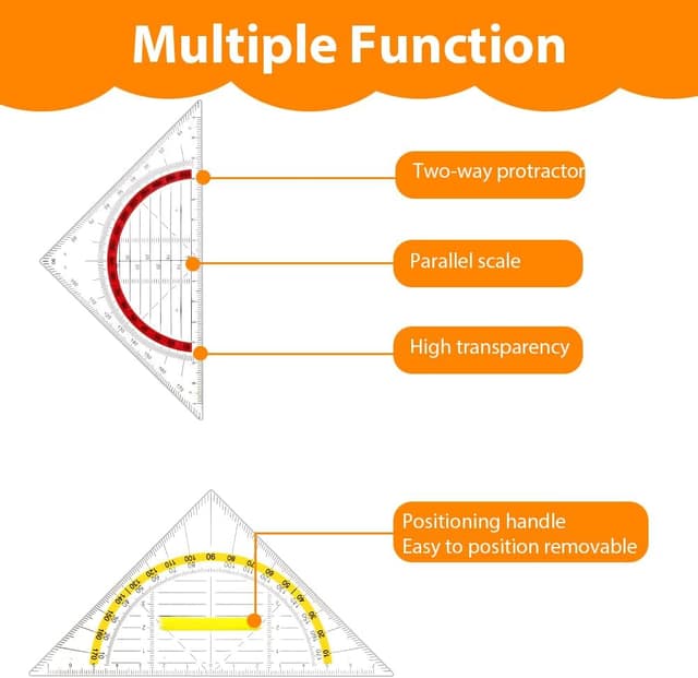 Detalle de Vicloon set square set (4 pcs) with 45° triangle rulers and transparent protractor – red and yellow