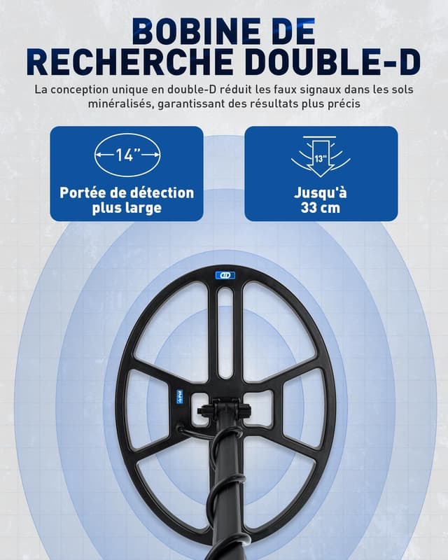 Detalle de Hazlewolke Détecteur de métaux professionnel – bobine DD étanche 14'' et mode localisation, profondeur jusqu’à 33 cm, 4 modes