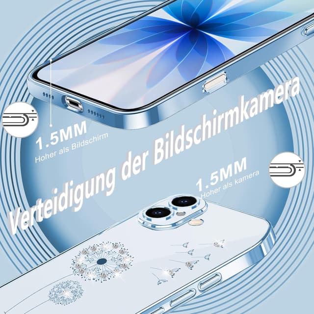 Detalle de 2Buyshop iPhone 17 Hülle aus transparentem Silikon – Löwenzahn Blumen & Glitzer, ultradünn, stoßfest