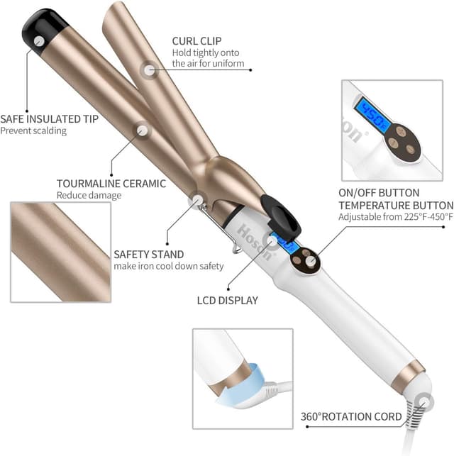 Detalle de Hoson 32mm Curling Tongs Professional Ceramic Tourmaline Coating with LCD Temperature Control (110°C–210°C)