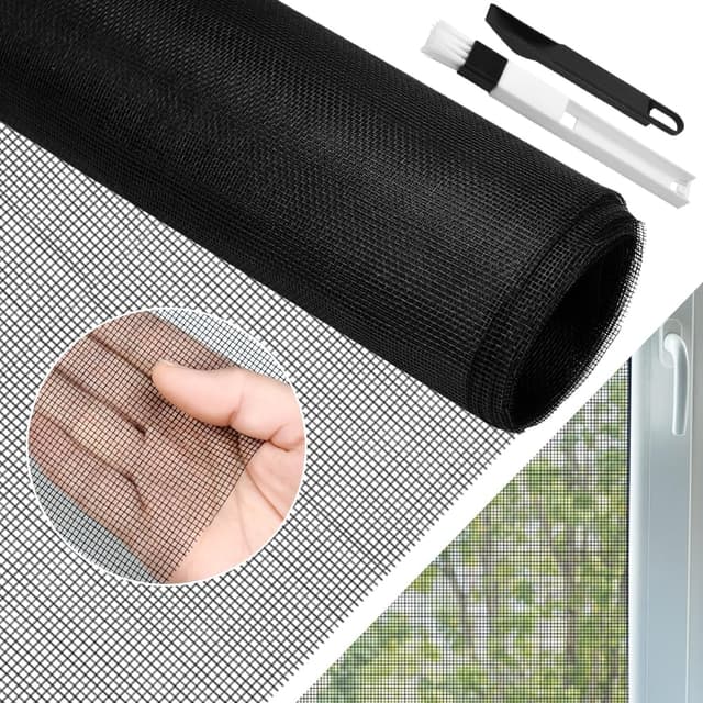 Detalle de BUZIFU Fliegengitter Meterware aus Fiberglas, 90 x 500 cm mit Fensterputzbürste – UV-beständig für Fenster & Türen (Schwarz)