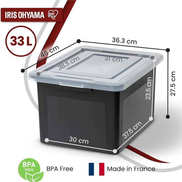 Detalle 2 de Iris Ohyama FB-21E, set da 4 scatole di stoccaggio in plastica impilabili con coperchi a scatto da 45L (nero, senza BPA)