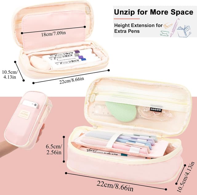 Detalle de Vinuwu Big Capacity Pencil Case for Girls with Zip, Expandable Nylon Pencil Pouch (Pink)