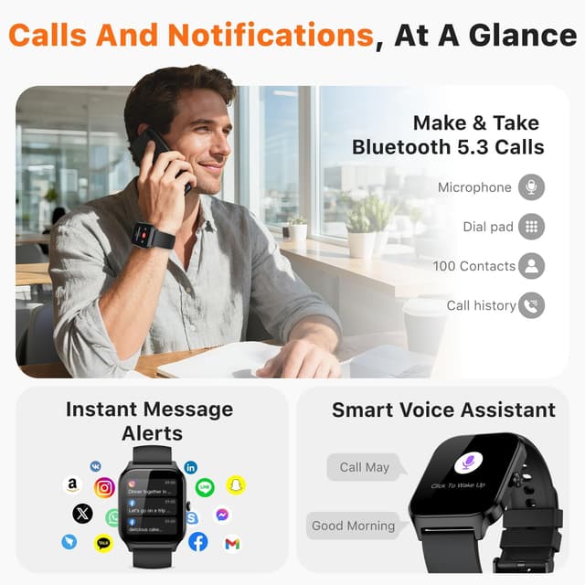 Detalle 2 de Kriutefy Smart Watch (Women & Men) with Bluetooth calling, 1.83" HD display, fitness & sleep tracking – Midnight Black